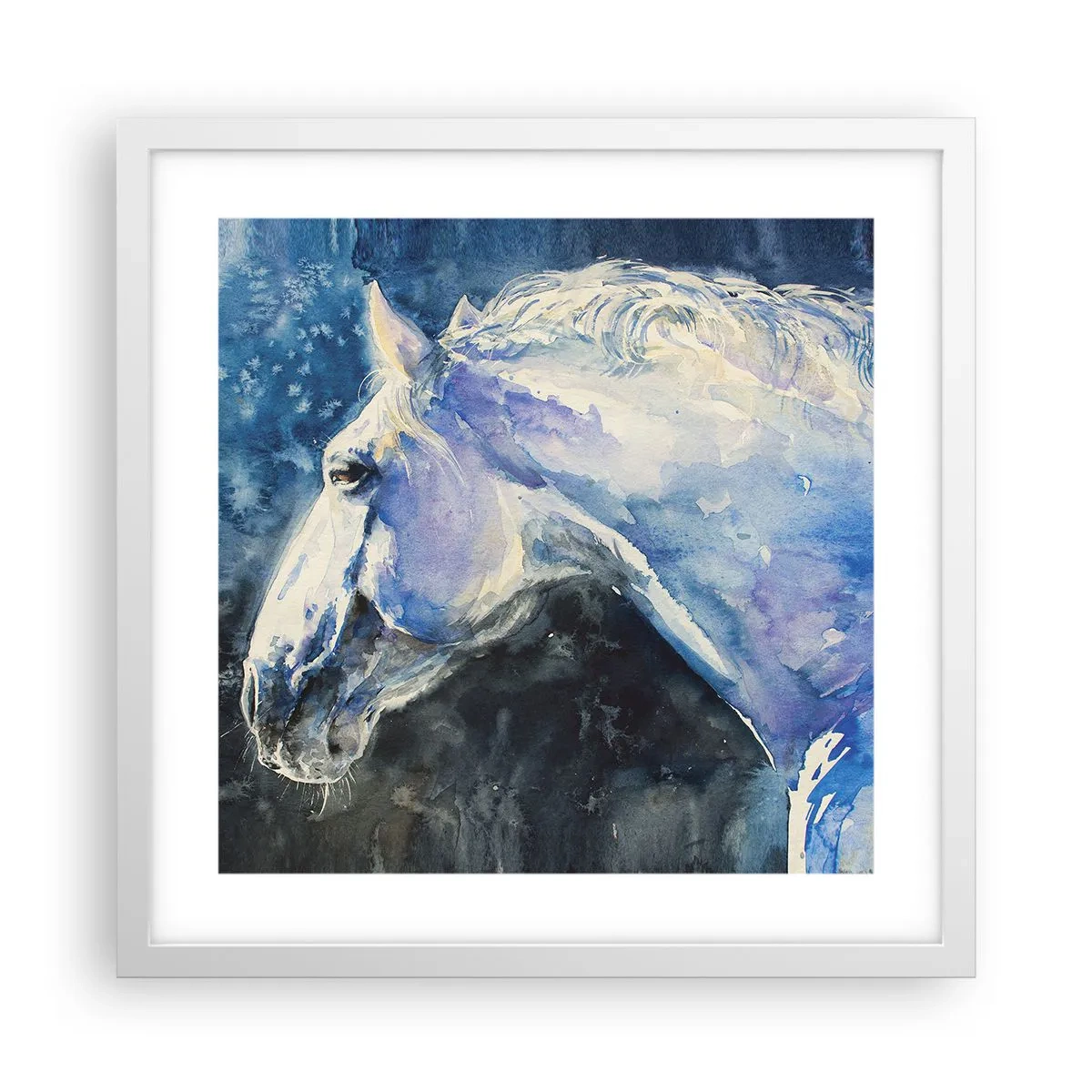 Pôster em moldura branca - Retrato com um brilho azul - 40x40 cm