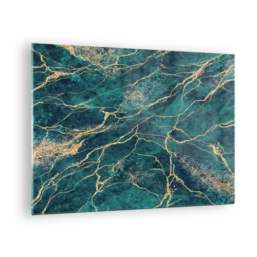 Quadro em vidro - Pedra marmorizada com veios dourados, tons azul-petróleo e verde - 70x50cm - Veia dourada - Decoração de parede moderna para a sala de estar e quarto ARTTOR