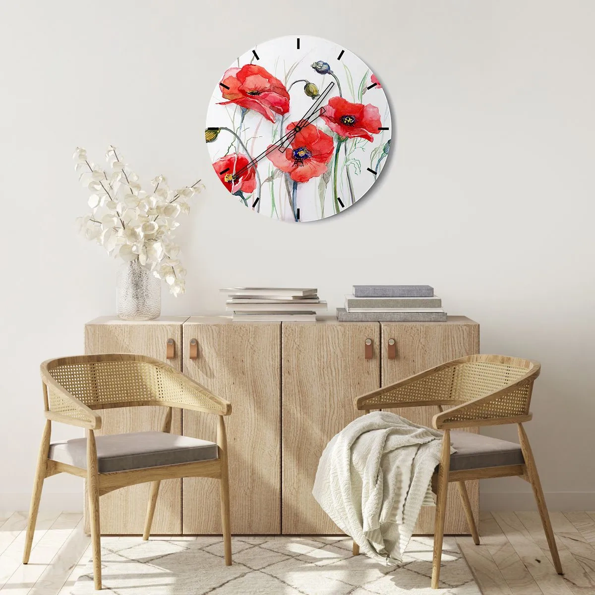 Relógio de parede - Relógio em vidro - Um mostrador de relógio com um motivo em aquarela de papoulas vermelhas sobre um fundo branco. - 30x30cm - Flores polacas - Decoração de parede moderna para a sala de estar, cozinha e quarto ARTTOR