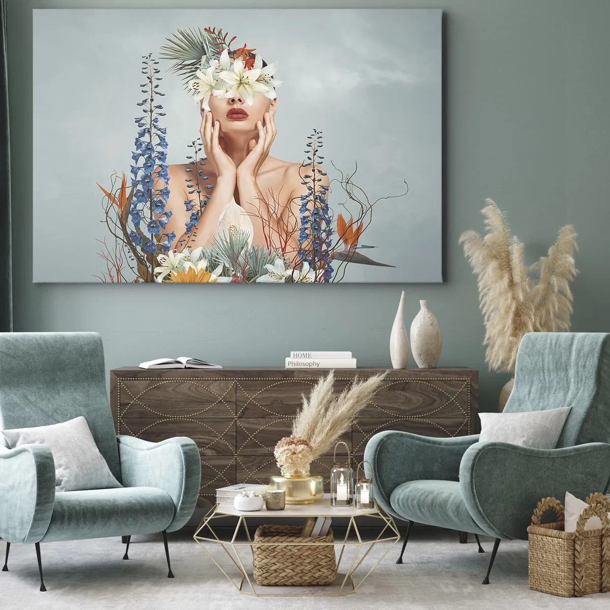 Quadro em tela - Retrato de uma mulher com um motivo floral sobre um fundo azul - 70x50cm - Mulher – flor - Decoração de parede moderna para a sala de estar e quarto ARTTOR