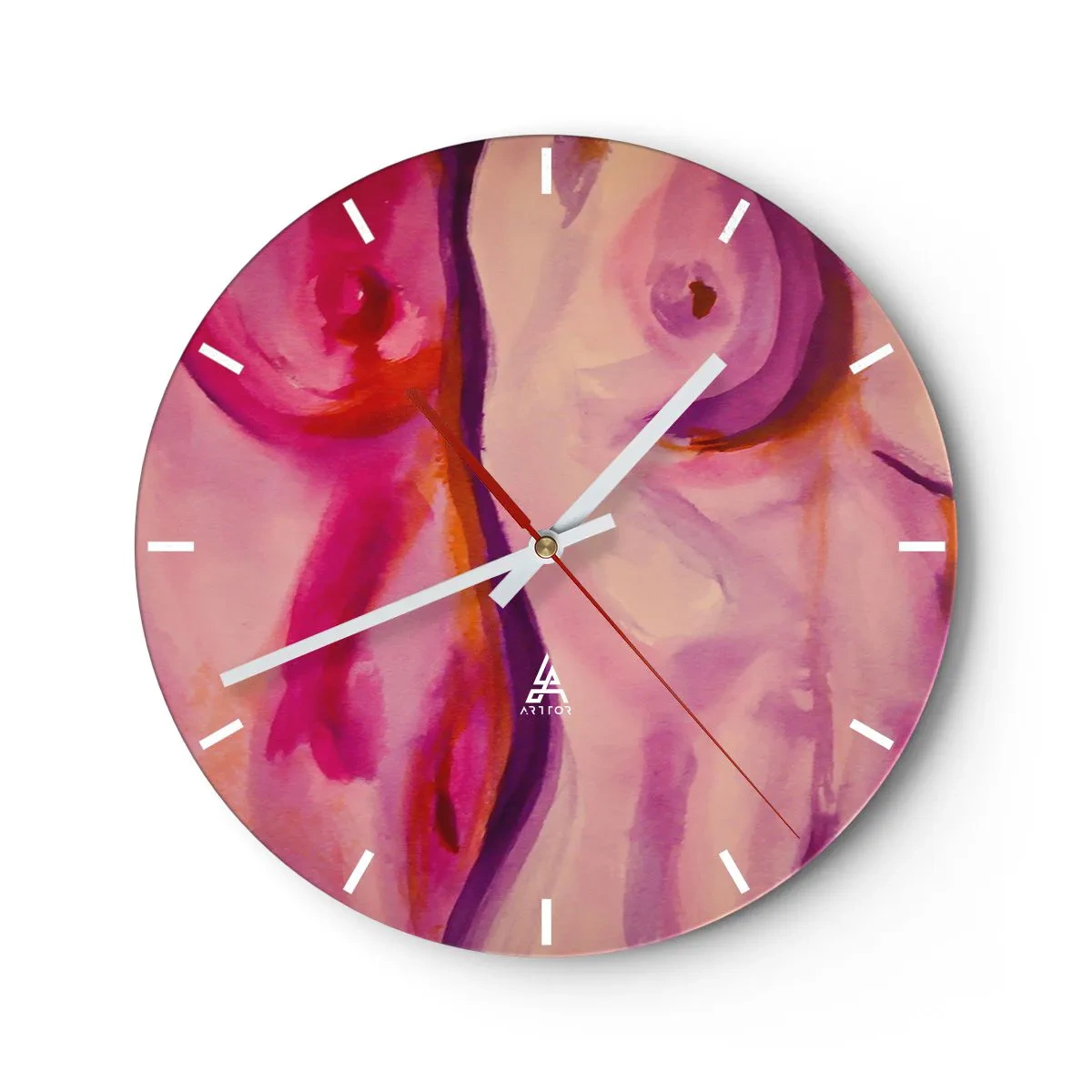 Relógio de parede - Relógio em vidro - Formas abstratas artísticas em tons de rosa e vermelho - 30x30cm - Ode à Feminilidade - Decoração de parede moderna para a sala de estar, cozinha e quarto ARTTOR