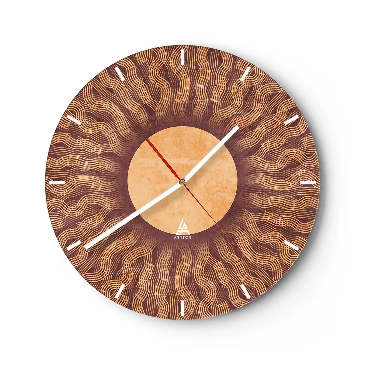 Relógio de parede - Relógio em vidro - Mostrador solar com padrão radiante em cores quentes - 30x30cm - Ícone do sol - Decoração de parede moderna para a sala de estar, cozinha e quarto ARTTOR