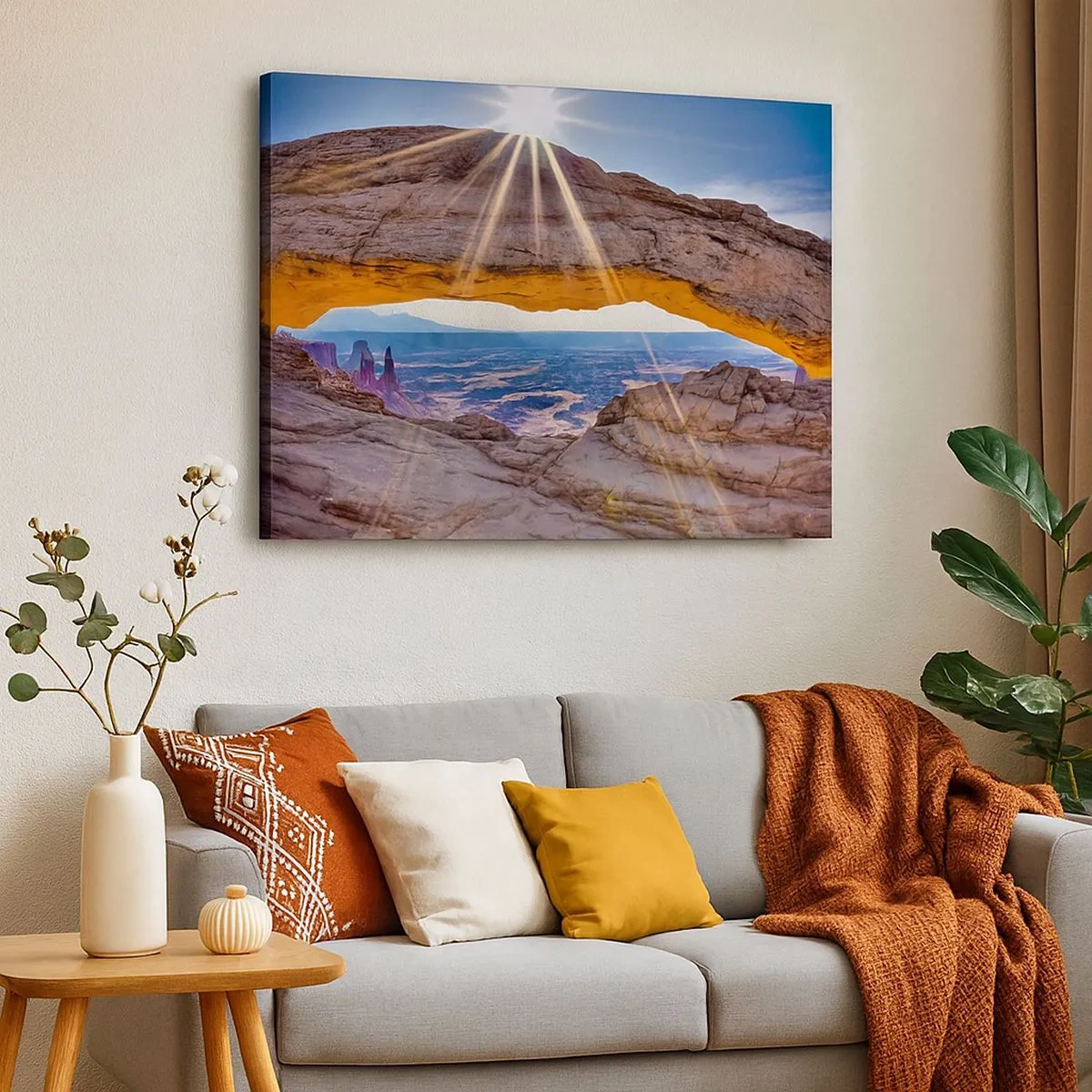 Quadro em tela - Arco rochoso com vista para o cânion ao nascer do sol - 70x50cm - Através do portão de pedra - Decoração de parede moderna para a sala de estar e quarto ARTTOR