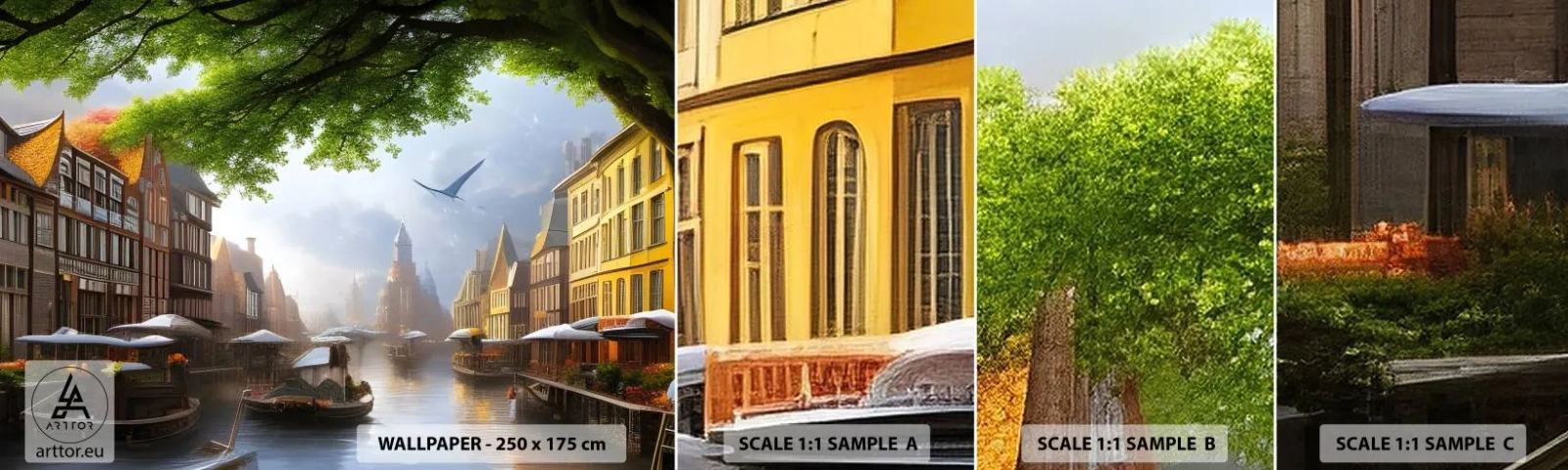 Amostra de Papel de Parede Standard Eco - Paisagem urbana holandesa - Cidade antiga, Barcos, Canal - 100x30 cm