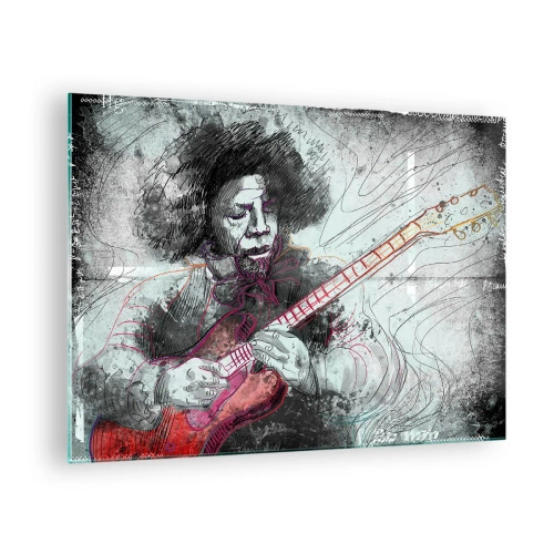 Quadro em vidro - Retrato artístico de um músico com uma guitarra elétrica - 70x50cm - Nas ondas da música - Decoração de parede moderna para a sala de estar e quarto ARTTOR