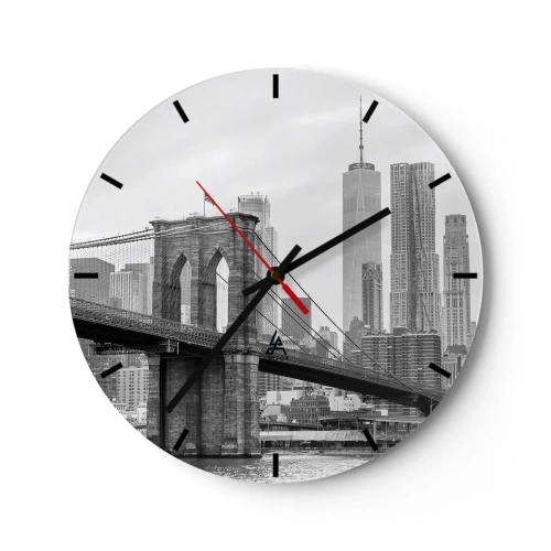 Relógio de parede - Relógio em vidro - Ponte do Brooklyn contra o horizonte da cidade em preto e branco - 30x30cm - Vibrações de Nova York - Decoração de parede moderna para a sala de estar, cozinha e quarto ARTTOR