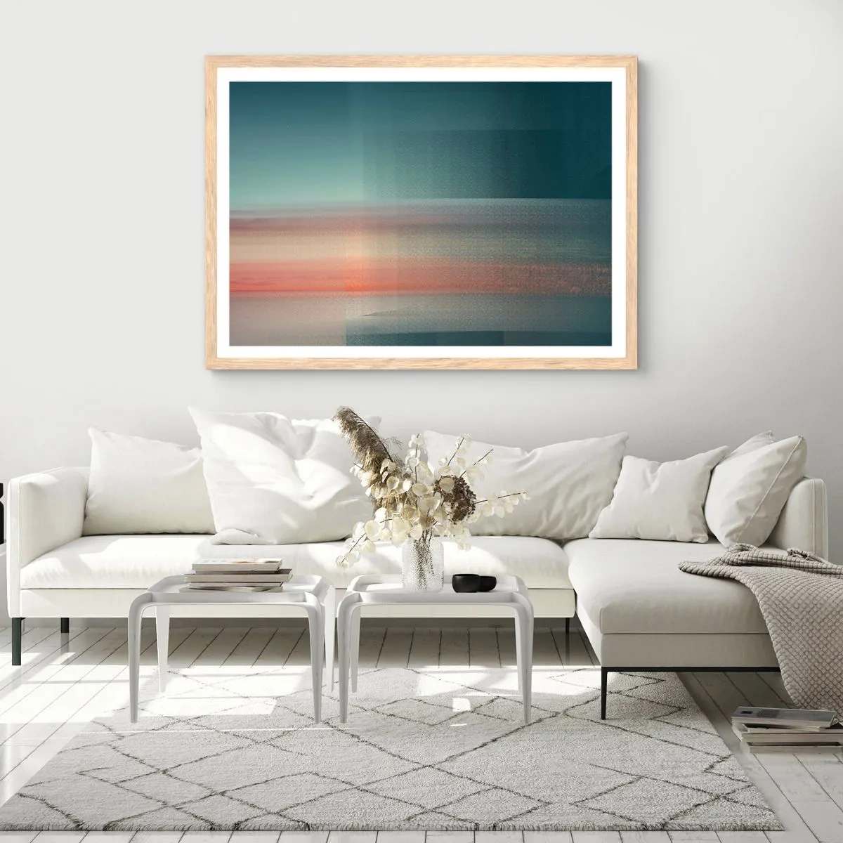 Pôster com moldura de carvalho claro - Resumo: ondas de luz - 100x70 cm