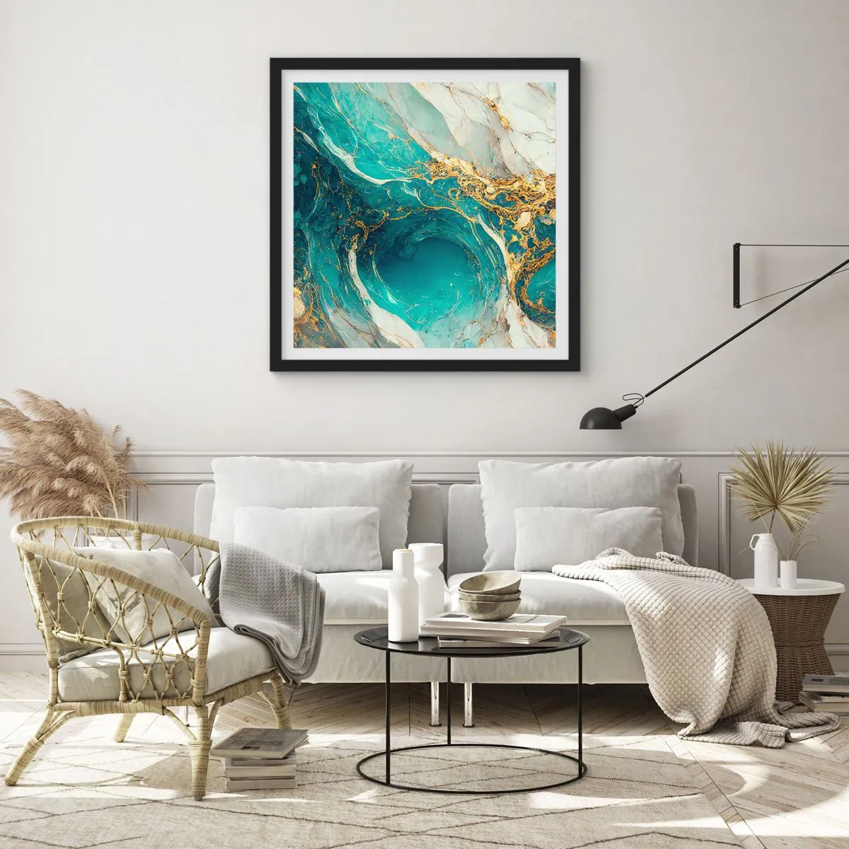 Pôster com moldura preta - Composição com veios d'ouro - 30x30 cm