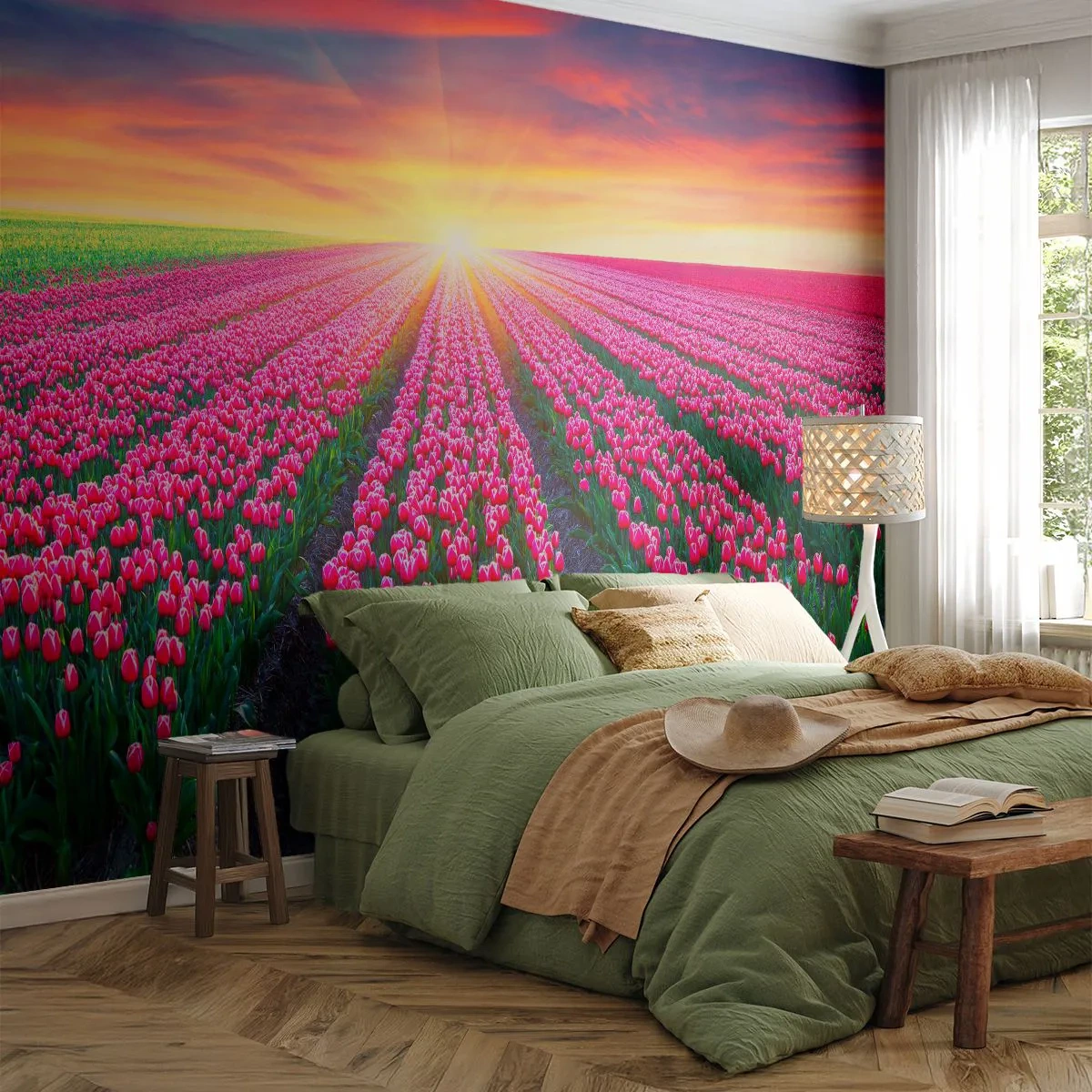 Papel de Parede Autocolante Deluxe Sticker - Quinta da Beleza - Flores, Tulipas, Pôr do sol - 250x175 cm