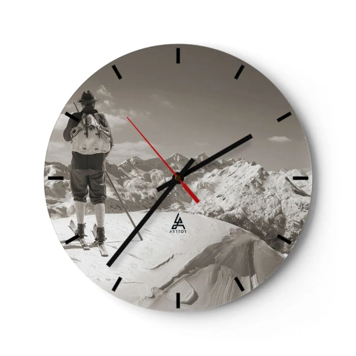 Relógio de parede - Relógio em vidro - Esquiador com cenário de montanhas cobertas de neve em estilo retrô - 30x30cm - E as montanhas são as mesmas - Decoração de parede moderna para a sala de estar, cozinha e quarto ARTTOR