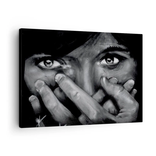 Quadro em tela - Retrato em preto e branco de uma mulher cobrindo o rosto com as mãos. - 70x50cm - Não vou dizer quem pintou - Decoração de parede moderna para a sala de estar e quarto ARTTOR