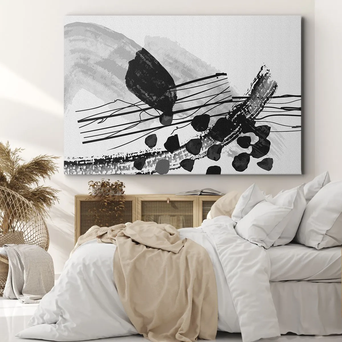Quadro em tela - Composição abstrata em preto e branco com formas orgânicas - 70x50cm - Abstração orgánica em preto e branco - Decoração de parede moderna para a sala de estar e quarto ARTTOR