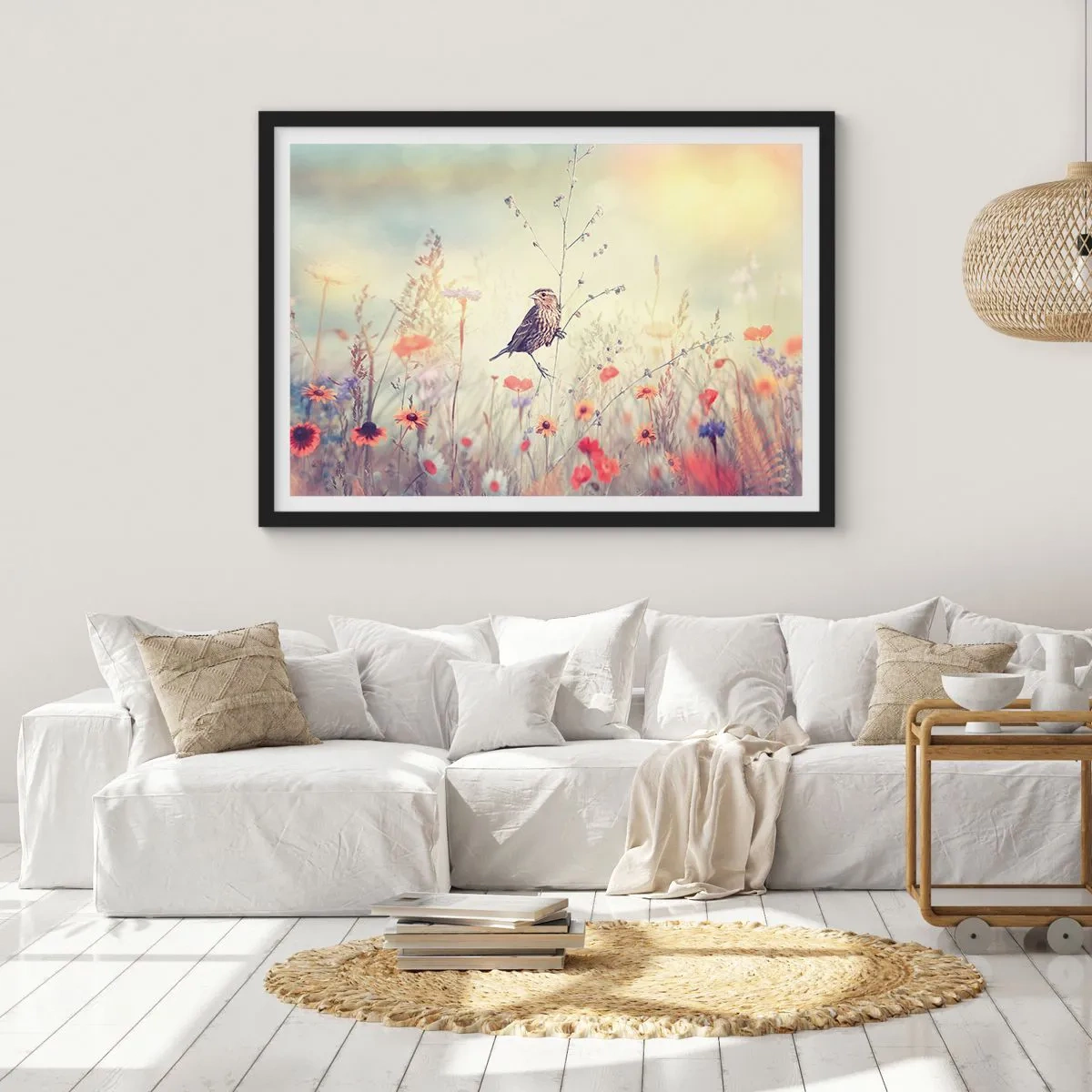 Pôster com moldura preta - Retrato de um pássaro com um prado no fundo - 91x61 cm