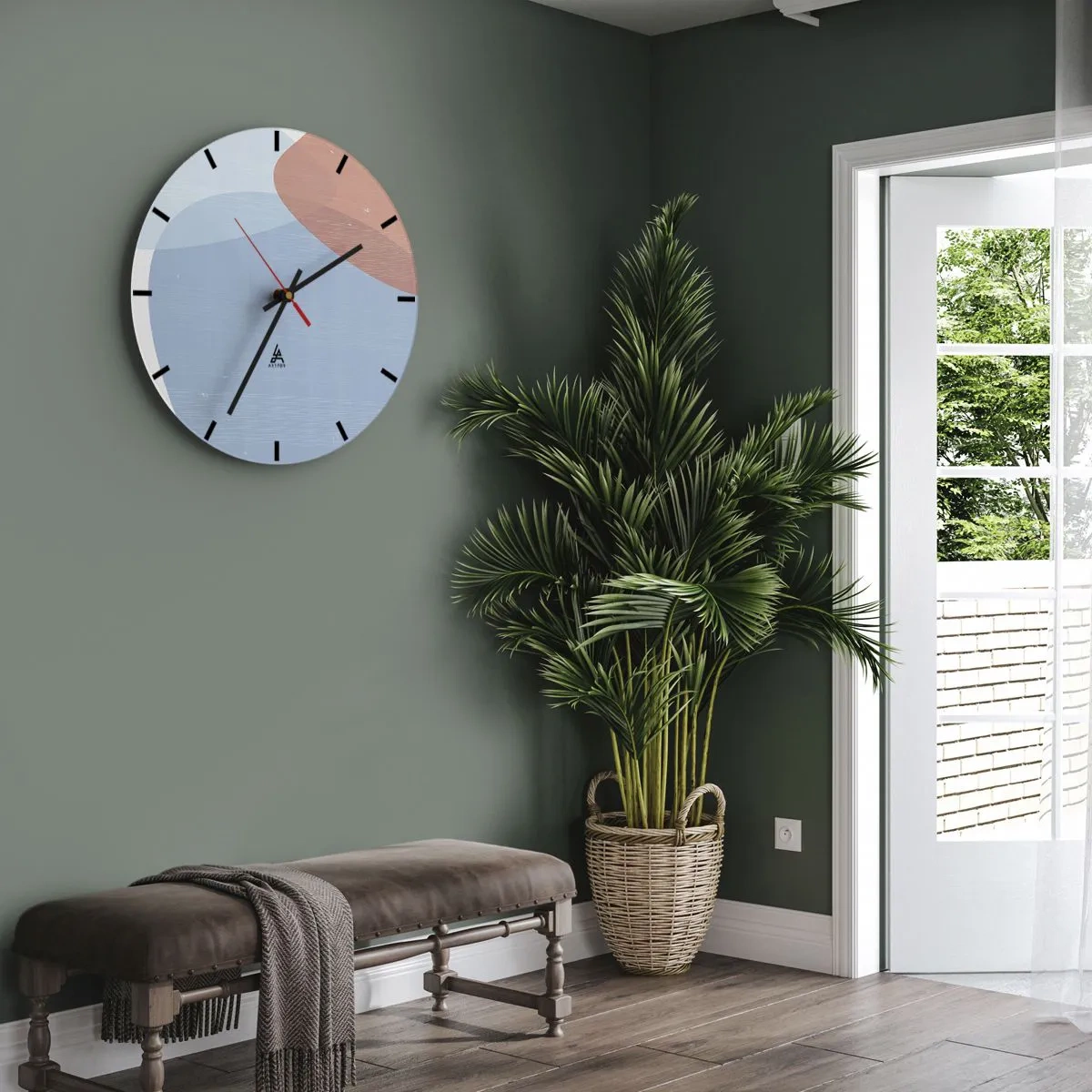 Relógio de parede - Relógio em vidro - Uma forma abstrata em azul e terracota sobre um fundo claro. - 30x30cm - Relacionamentos pastel - Decoração de parede moderna para a sala de estar, cozinha e quarto ARTTOR