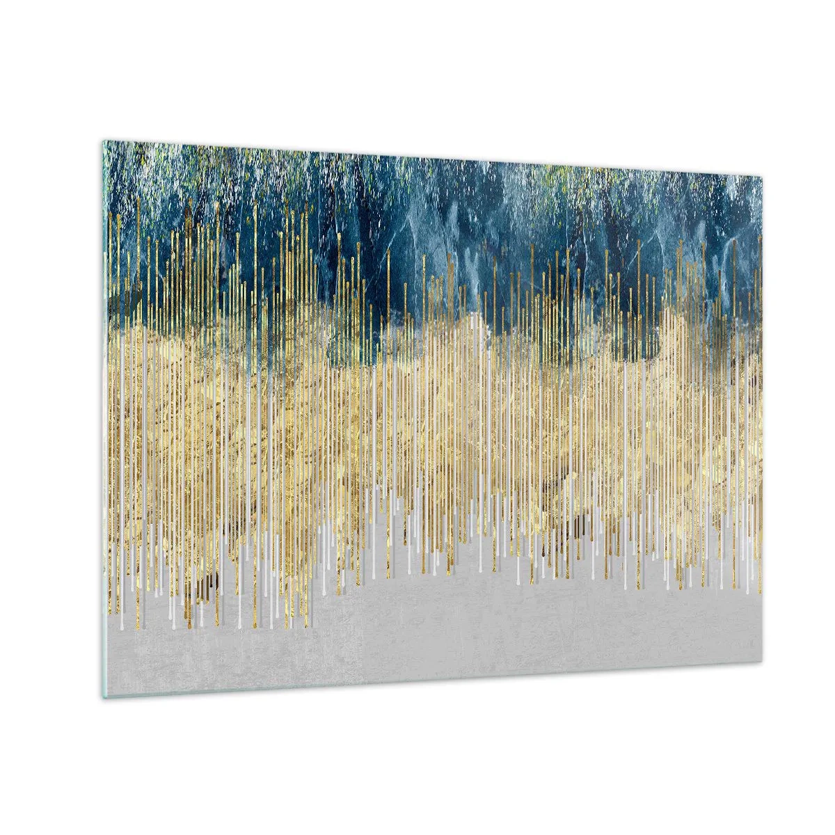 Quadro em vidro - Linhas verticais douradas sobre um fundo de floresta azul escuro - 70x50cm - Borda dourada - Decoração de parede moderna para a sala de estar e quarto ARTTOR