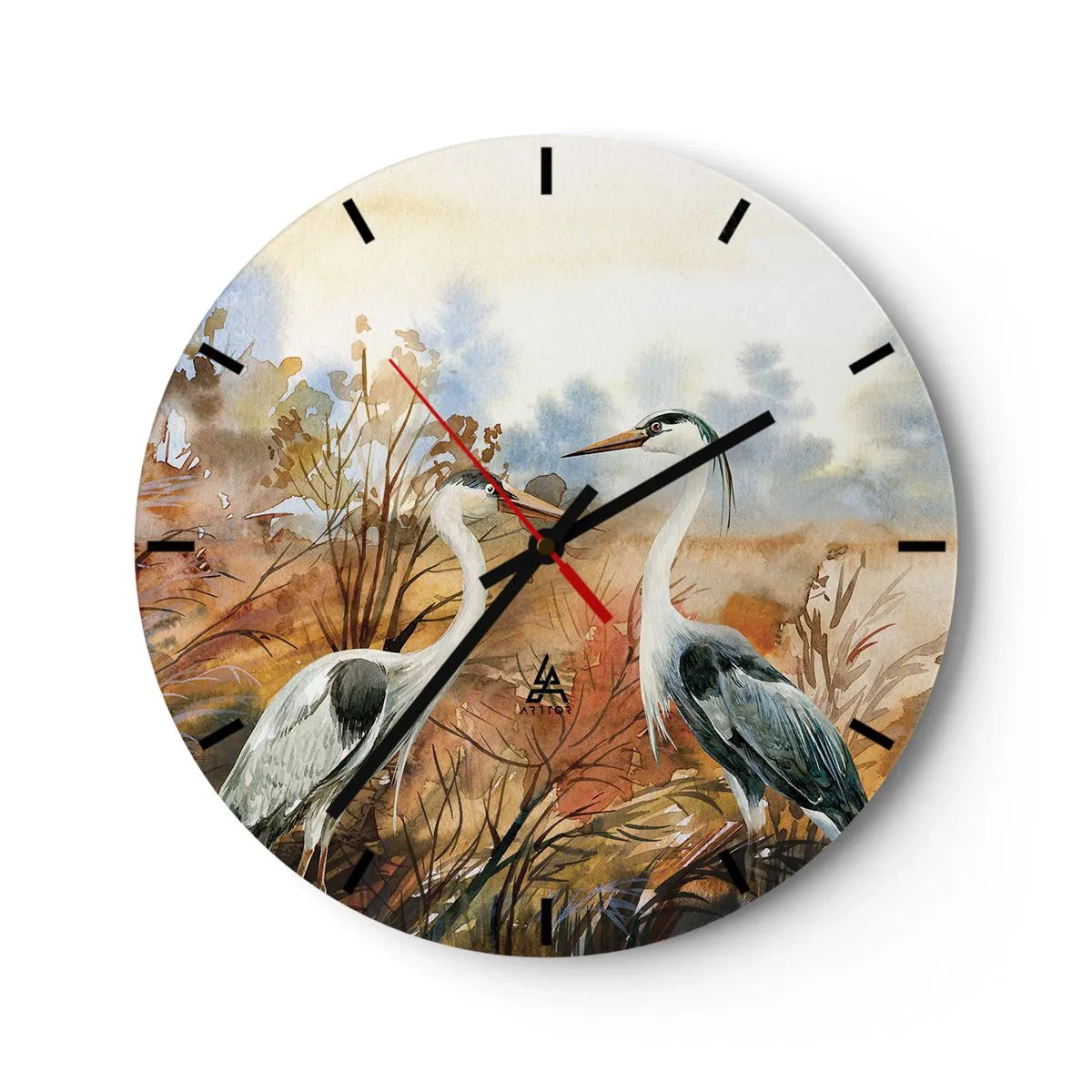 Relógio de parede - Relógio em vidro - Dois guindastes em uma paisagem de aquarela de outono - 30x30cm - Para onde ir no outono? - Decoração de parede moderna para a sala de estar, cozinha e quarto ARTTOR