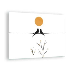 Quadro em vidro - Pássaros em uma linha sob um sol laranja - 70x50cm - A noite dos rouxinóis - Decoração de parede moderna para a sala de estar e quarto ARTTOR
