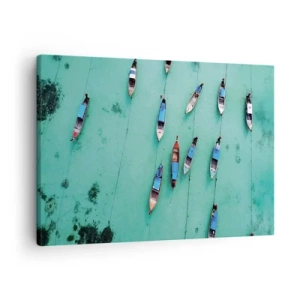 Quadro em tela - Uma vista aérea de barcos em águas azul-turquesa - 70x50cm - Na alegre expectativa - Decoração de parede moderna para a sala de estar e quarto ARTTOR