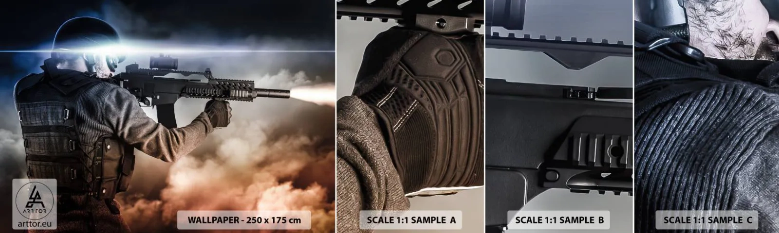 Amostra de papel de parede autocolante Deluxe Sticker - Simplesmente um herói - Militares, Arma, Soldado - 100x30 cm