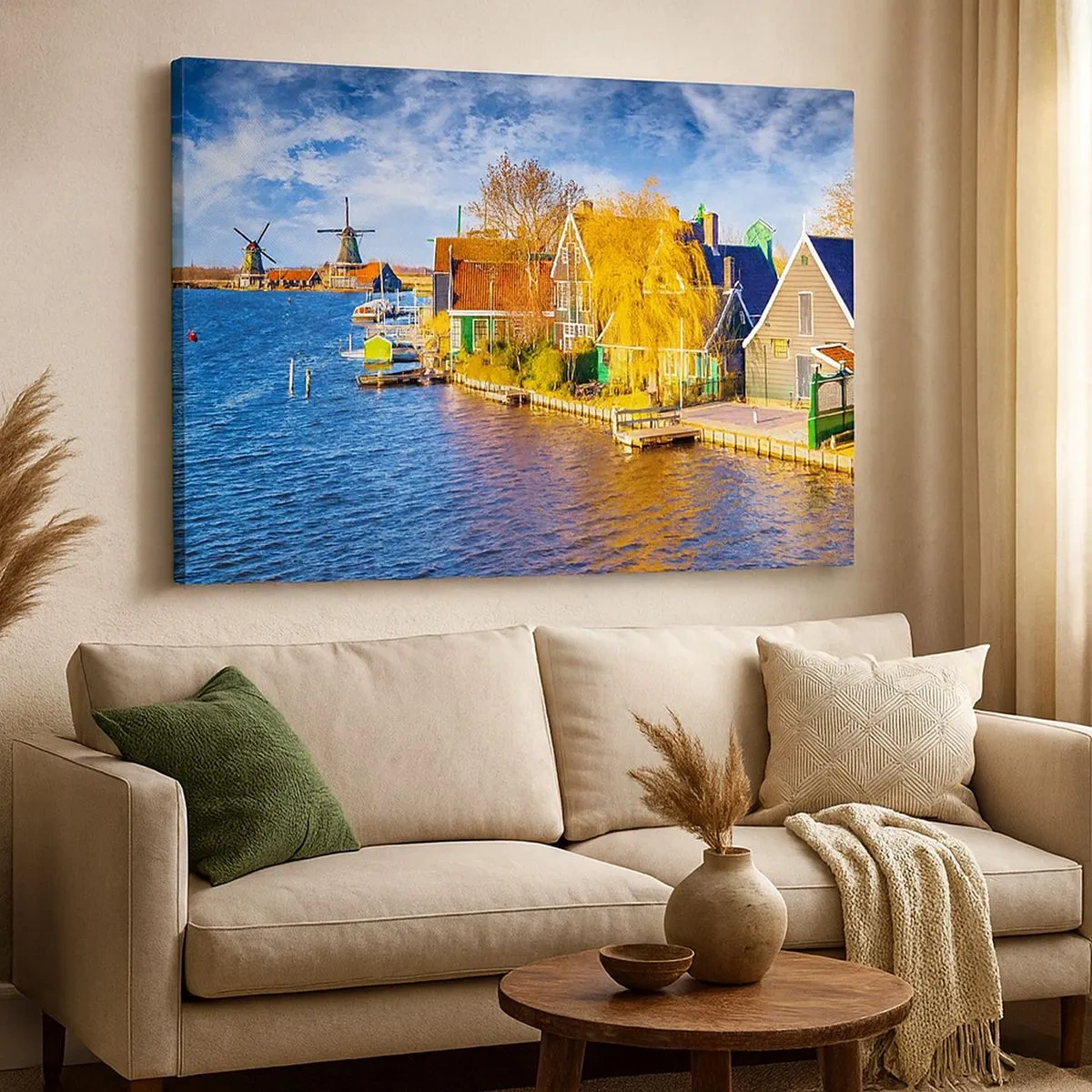 Quadro em tela - Casas pitorescas e moinhos de vento à beira da água - 70x50cm - Inalterada durante séculos - Decoração de parede moderna para a sala de estar e quarto ARTTOR