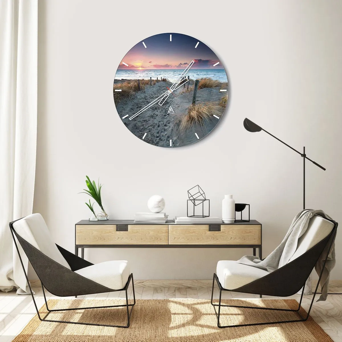 Relógio de parede - Relógio em vidro - Entrada para a praia ao pôr do sol com vista para o mar - 30x30cm - Derramou um arco-íris de esplendor radiante.... - Decoração de parede moderna para a sala de estar, cozinha e quarto ARTTOR