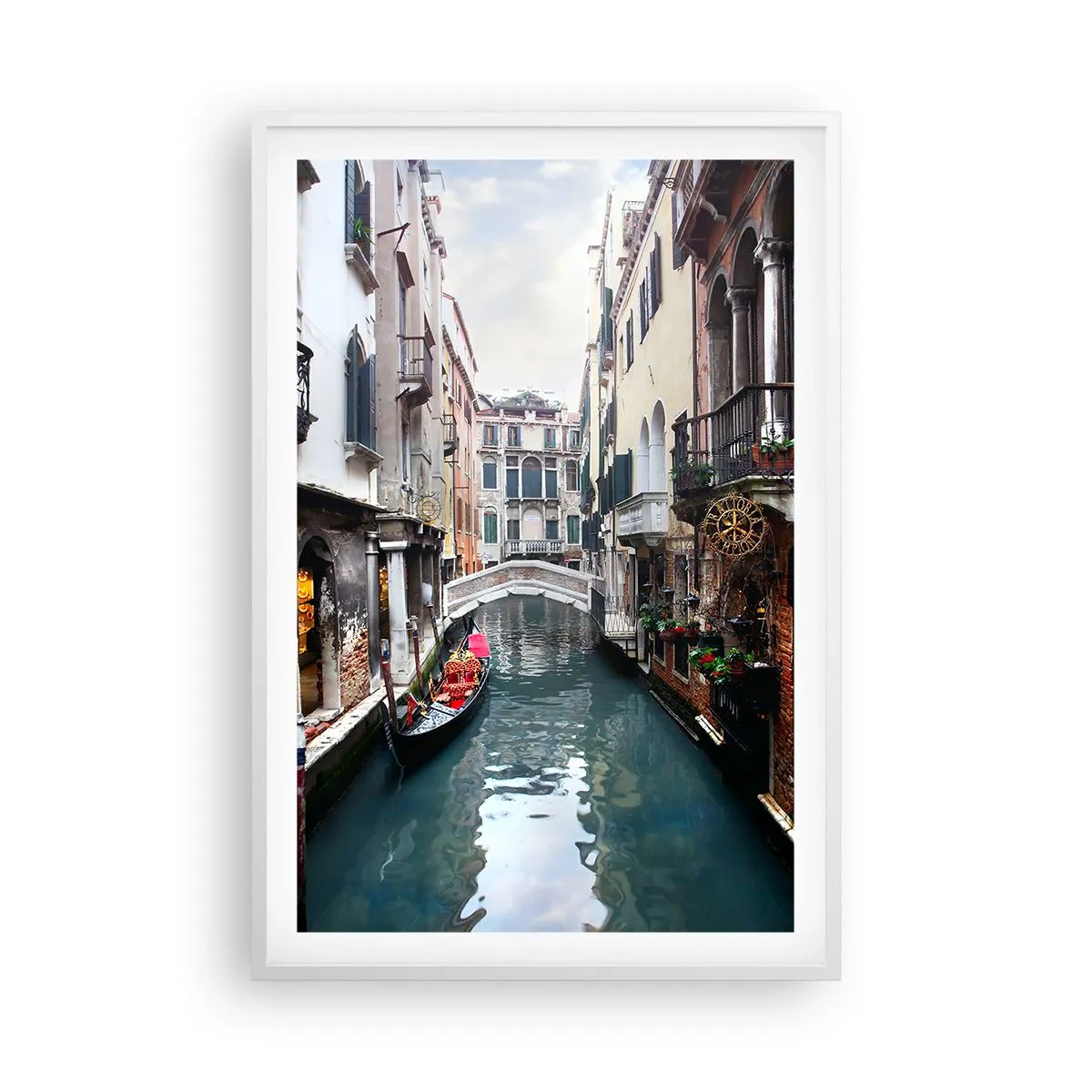 Pôster em moldura branca - Paisagem veneziana com gôndola e ponte - 61x91 cm