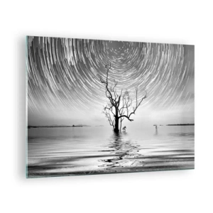 Quadro em vidro - Paisagem em preto e branco com uma árvore e listras de estrelas - 70x50cm - Sinfonia da natureza - Decoração de parede moderna para a sala de estar e quarto ARTTOR