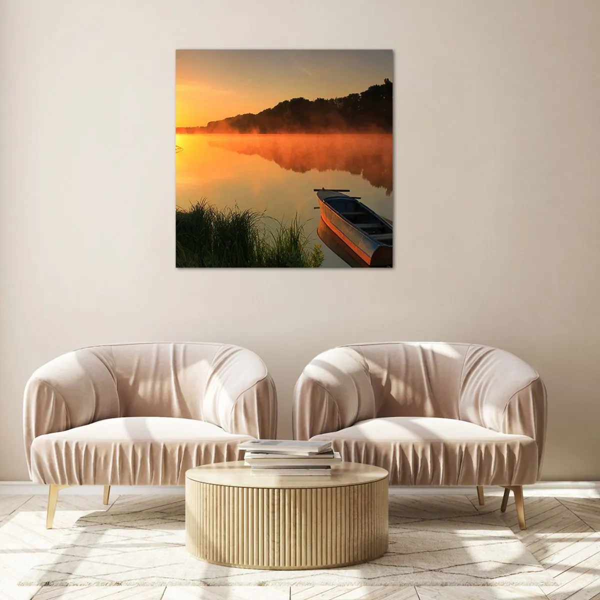 Quadro em vidro - Nascer do sol sobre a água como um espelho - 60x60 cm