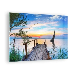 Quadro em vidro - Um cais à beira do lago ao pôr do sol com um veleiro ao fundo - 70x50cm - Boa noite - Decoração de parede moderna para a sala de estar e quarto ARTTOR