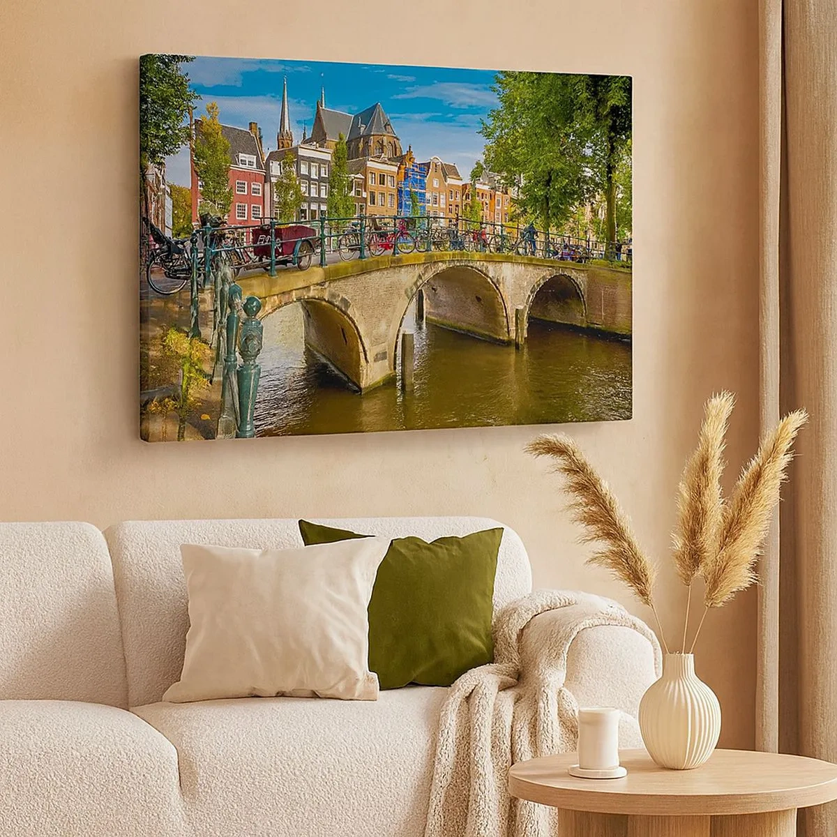 Quadro em tela - Um canal pitoresco com uma ponte em Amsterdã - 70x50cm - Primavera junto ao canal - Decoração de parede moderna para a sala de estar e quarto ARTTOR