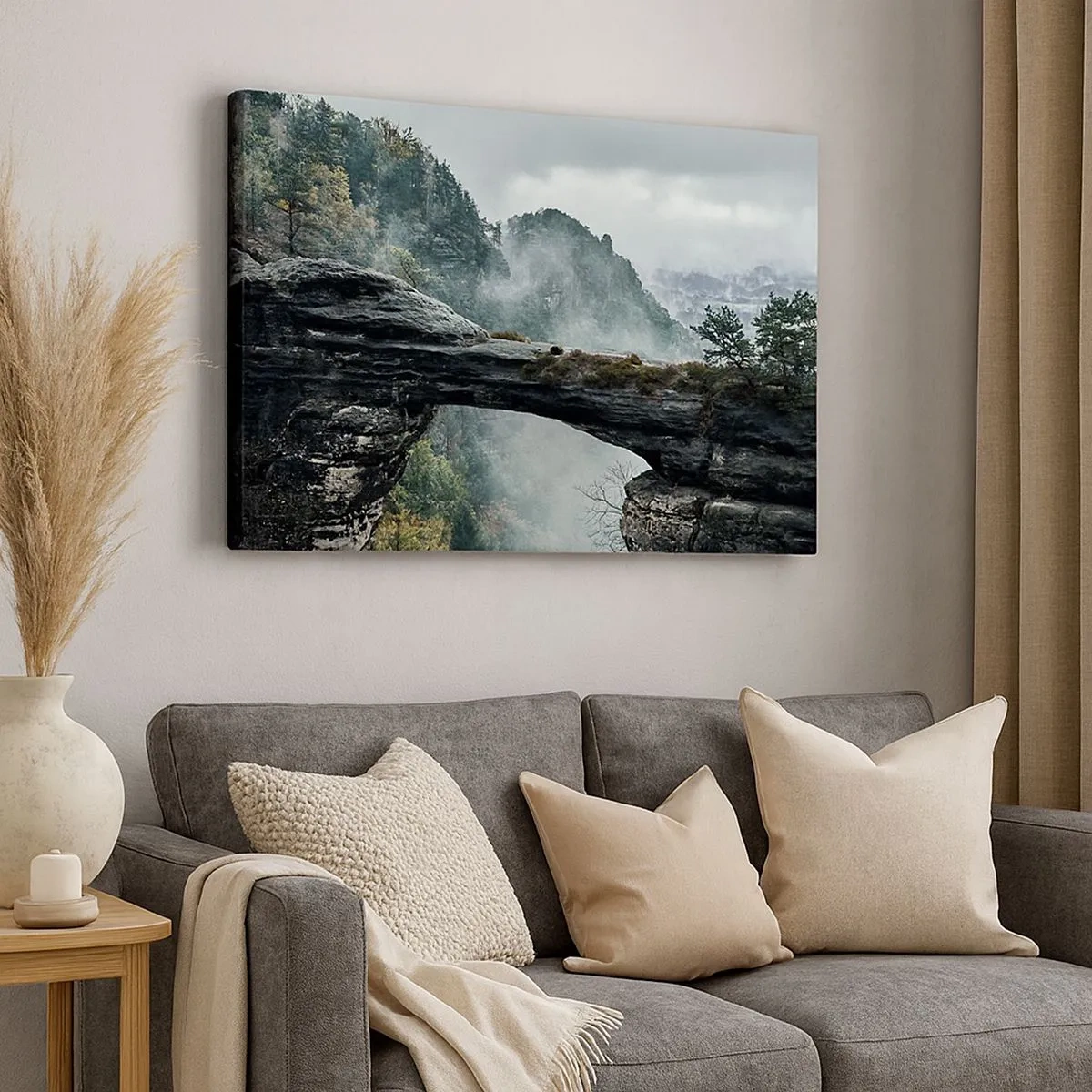 Quadro em tela - Um arco de pedra cercado por montanhas enevoadas e florestas - 70x50cm - A aventura está prestes a começar - Decoração de parede moderna para a sala de estar e quarto ARTTOR