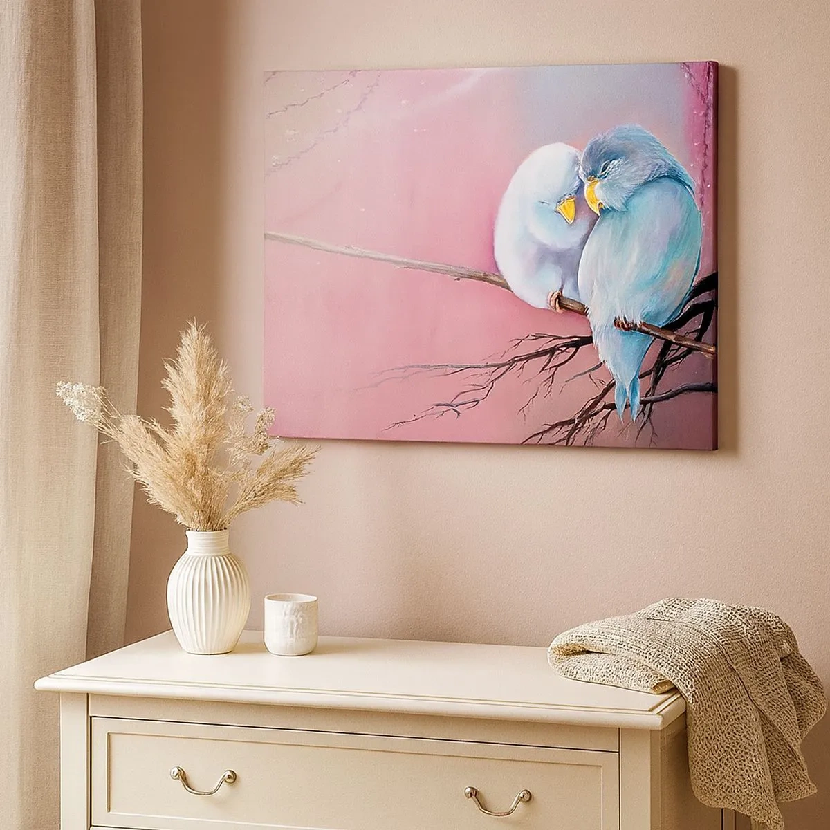 Quadro em tela - Dois pássaros apaixonados em um galho sobre um fundo rosa - 70x50cm - O que acrescentar aqui?... - Decoração de parede moderna para a sala de estar e quarto ARTTOR