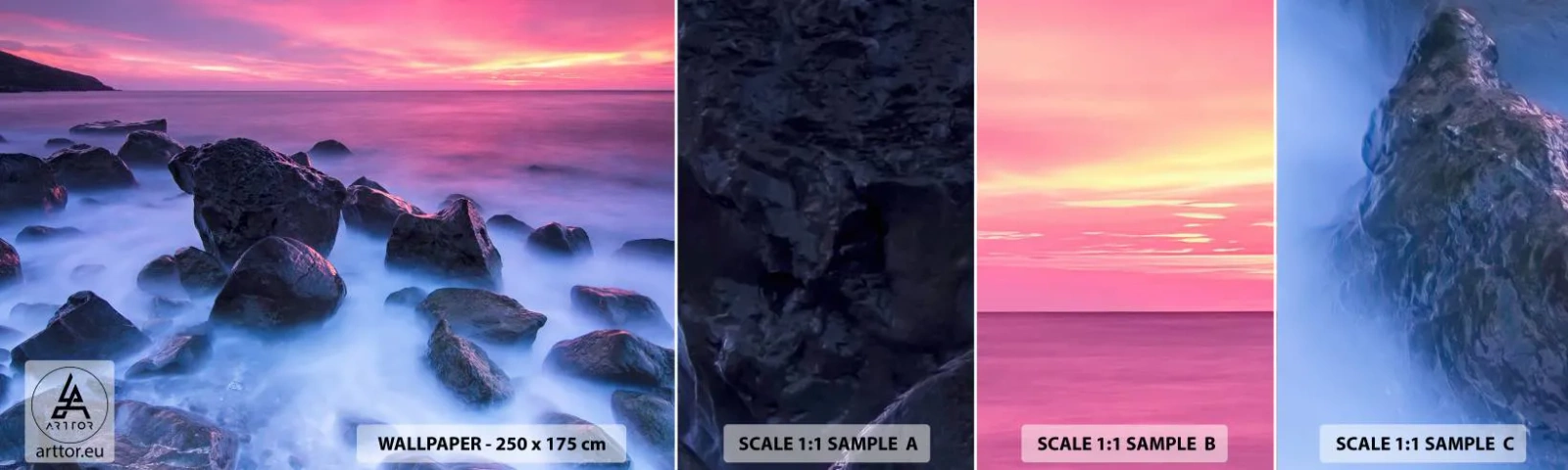 Amostra de papel de parede autocolante Deluxe Sticker - Nascimento em brilho e nevoeiro - Paisagem, oceano, Pôr do sol - 100x30 cm