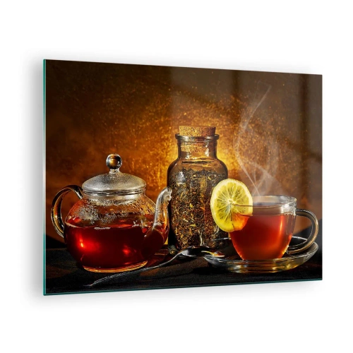 Quadro em vidro - Um bule de vidro e uma xícara de chá com limão - 70x50cm - Ao estilo dos mestres holandeses - Decoração de parede moderna para a sala de estar e quarto ARTTOR