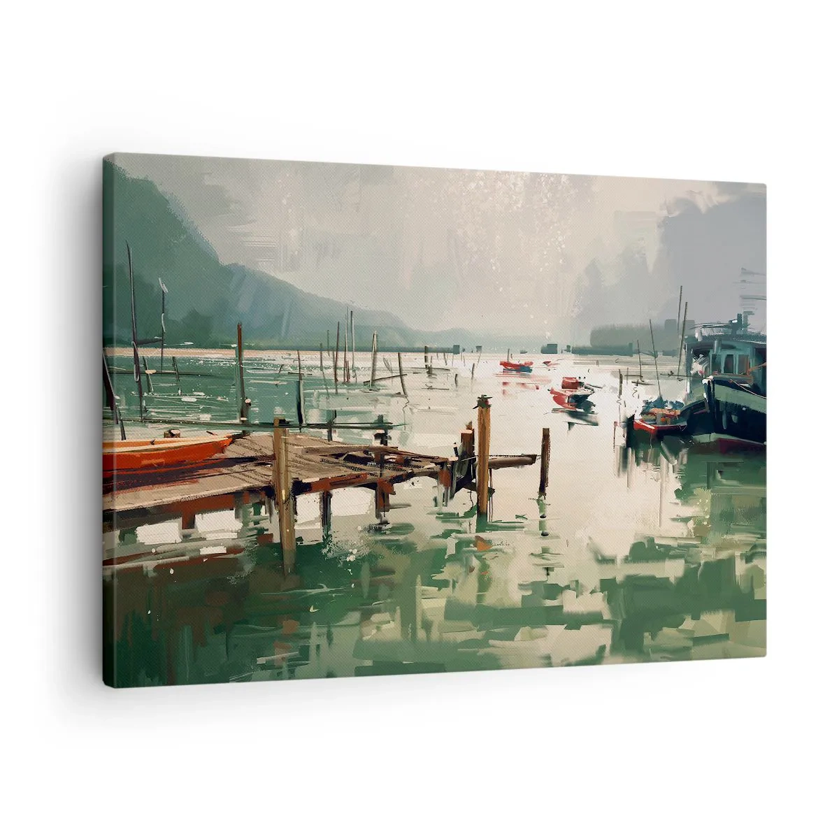 Quadro em tela - Um porto pitoresco com barcos em águas calmas - 70x50cm - Mergulhado na lua derretida - Decoração de parede moderna para a sala de estar e quarto ARTTOR