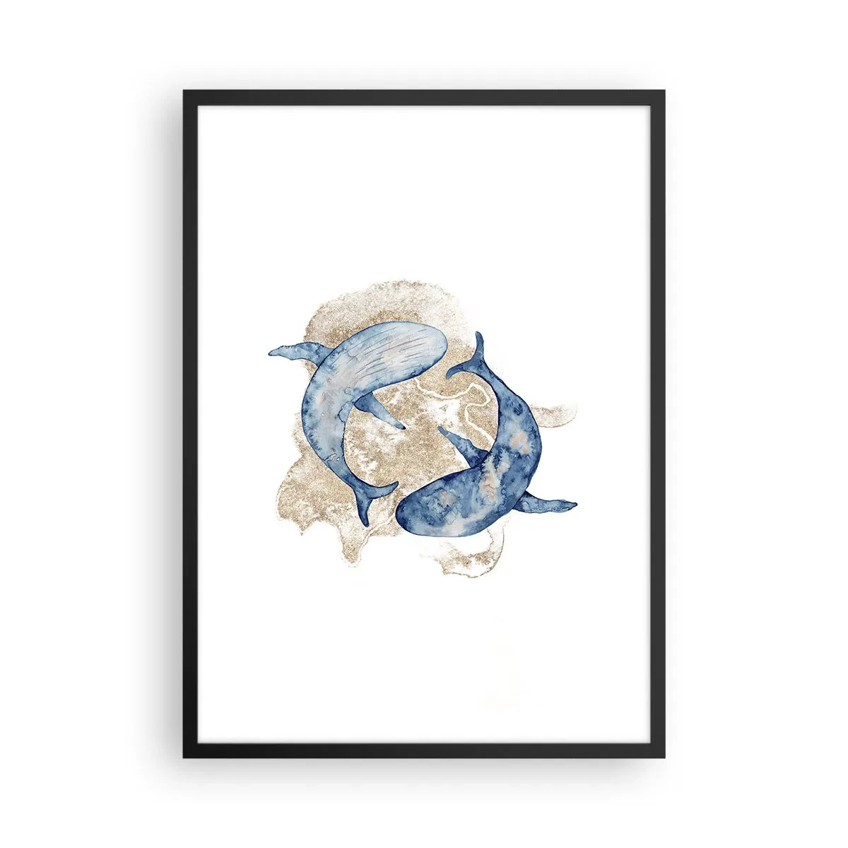 Pôster com moldura preta - Uma pintura abstrata de duas baleias-comuns - 50x70cm - Amizade ou amor? - Decoração de parede moderna para a sala de estar e quarto ARTTOR