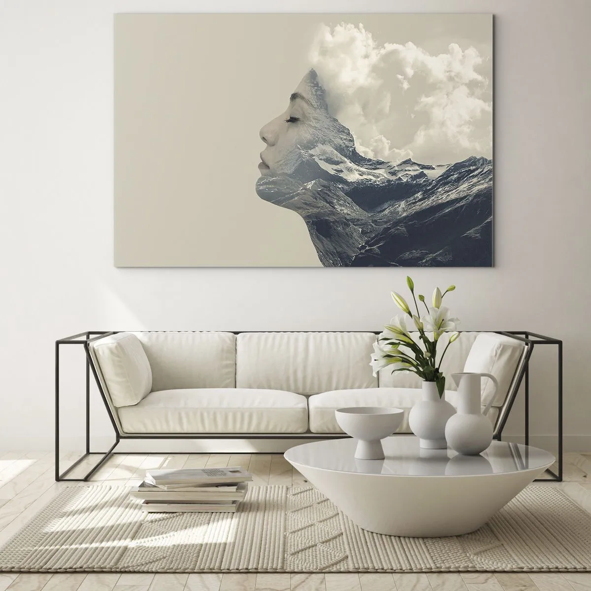 Quadro em vidro - Perfil de uma mulher com uma paisagem de montanhas e nuvens ao fundo. - 70x50cm - A beleza dos elementos da natureza - Decoração de parede moderna para a sala de estar e quarto ARTTOR