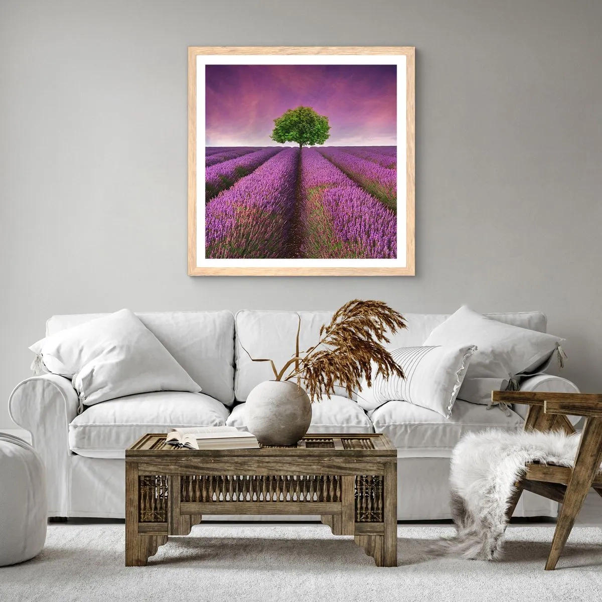 Pôster com moldura de carvalho claro - Nos campos de lavanda - 50x50 cm
