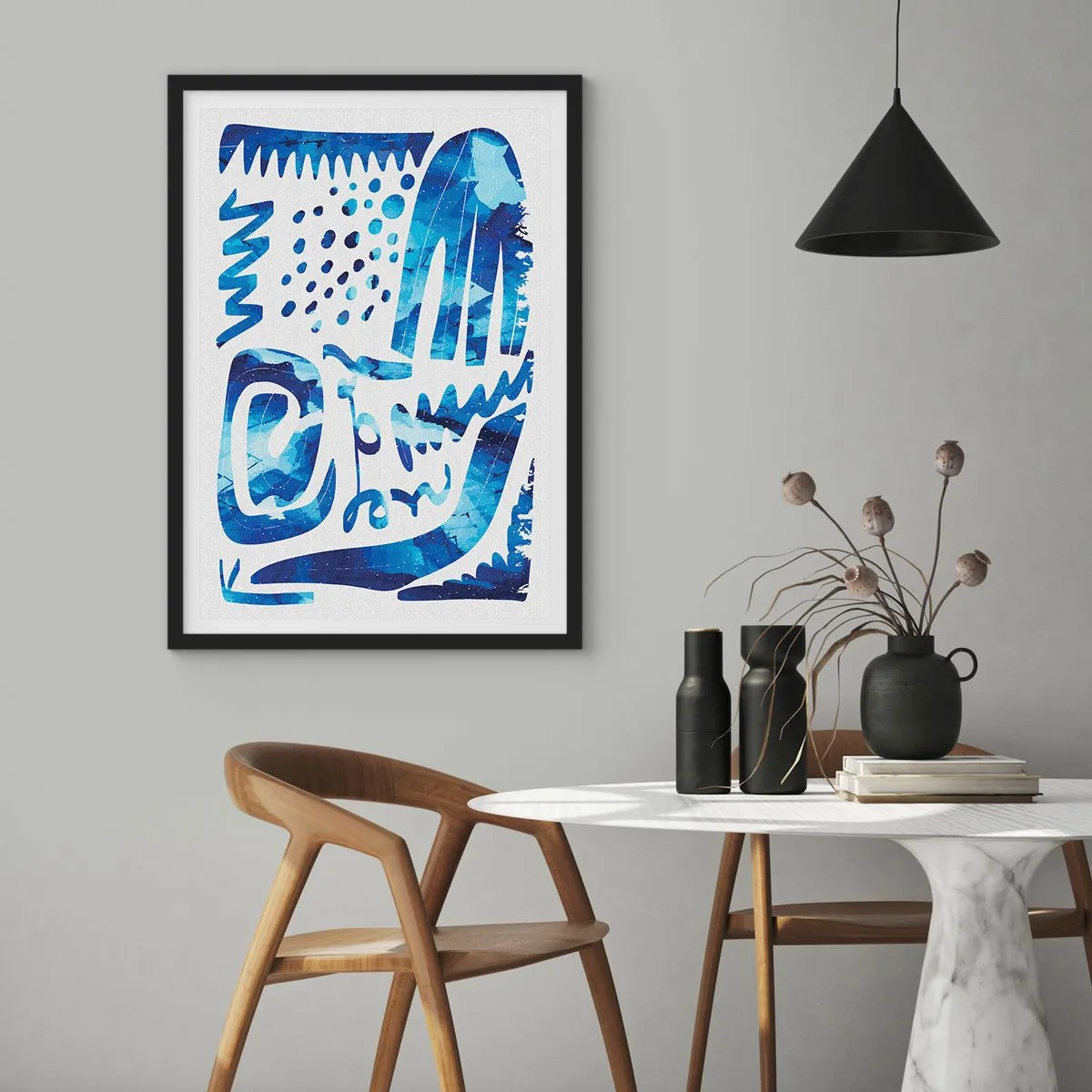 Pôster com moldura preta - Abstração moderna em tons de azul - 50x70cm - Voltar às raízes - Decoração de parede moderna para a sala de estar e quarto ARTTOR