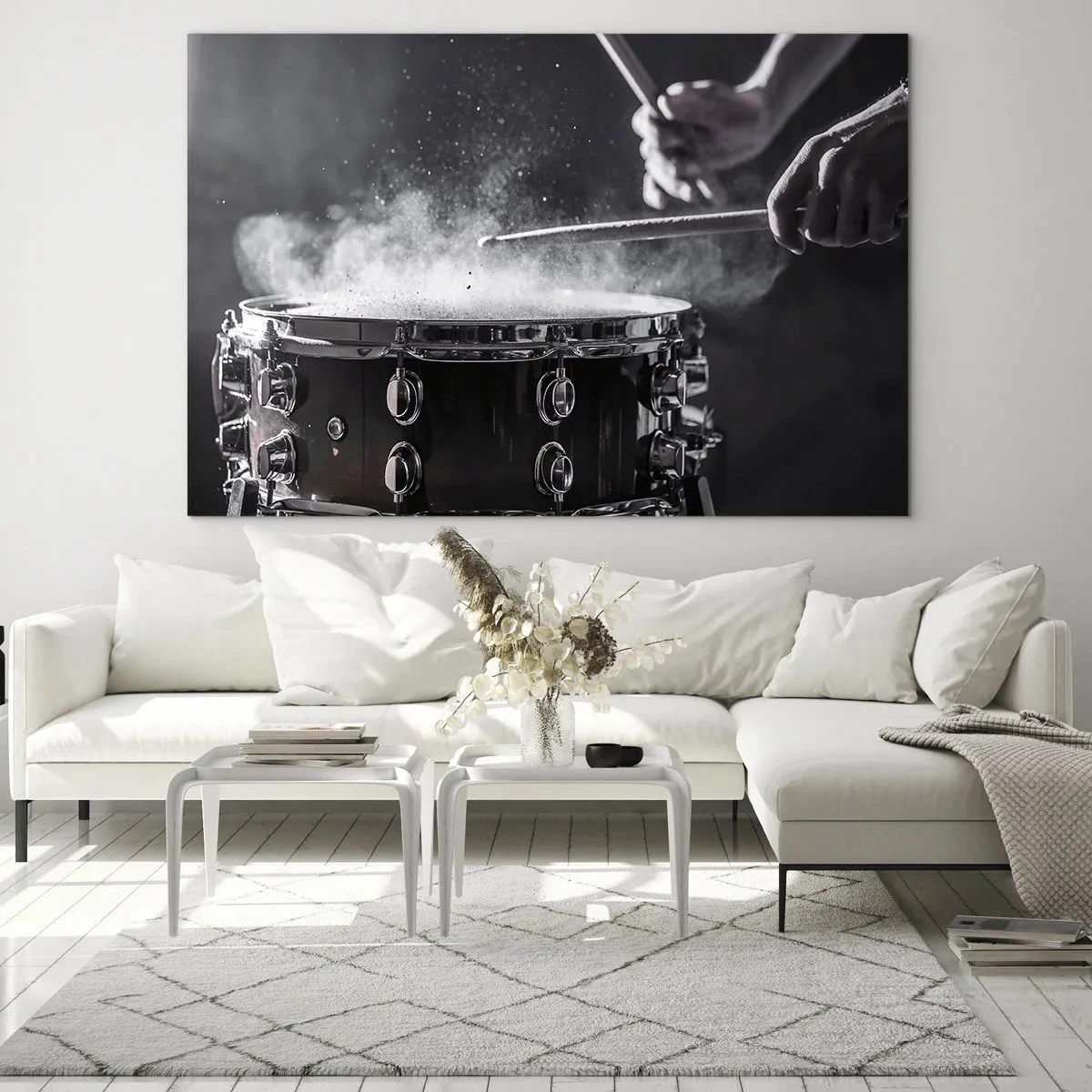 Quadro em vidro - Tambores em movimento com pó flutuando - 70x50cm - Pulso da música - Decoração de parede moderna para a sala de estar e quarto ARTTOR