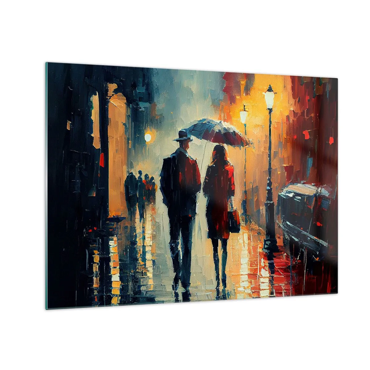 Quadro em vidro - Um casal com um guarda-chuva caminhando por uma rua molhada à noite. - 70x50cm - História de amor urbano - Decoração de parede moderna para a sala de estar e quarto ARTTOR