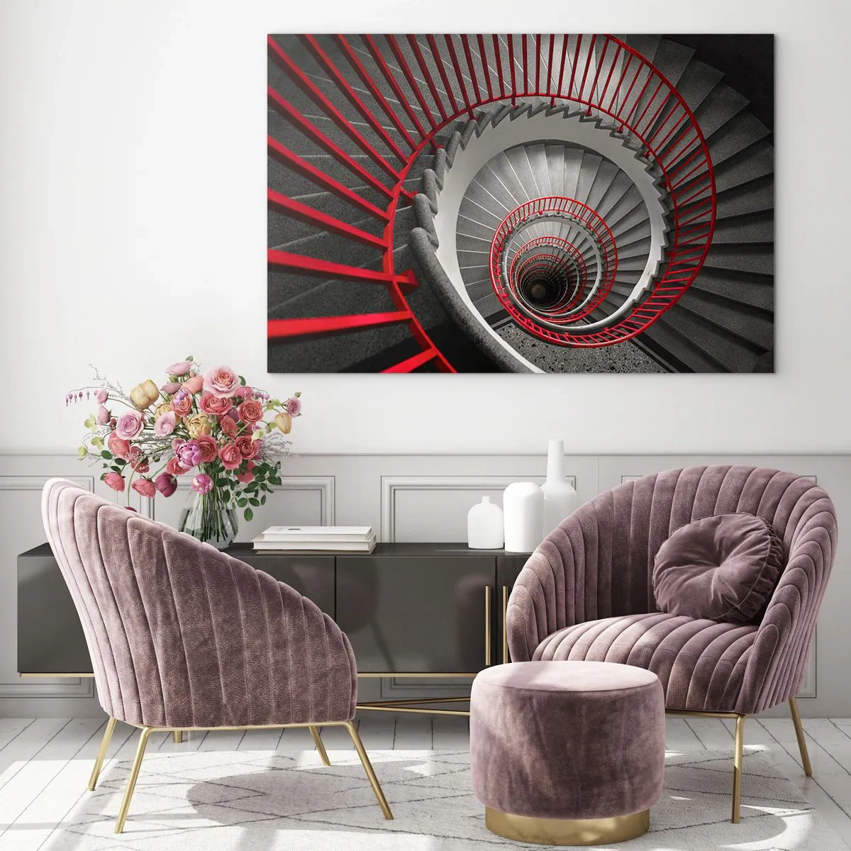 Quadro em vidro - Escada em espiral com corrimãos vermelhos em perspectiva - 70x50cm - Diversão de arquitetura - Decoração de parede moderna para a sala de estar e quarto ARTTOR