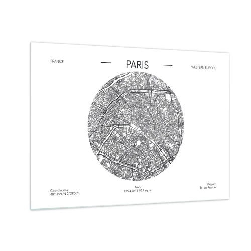 Quadro em vidro - Um mapa circular de Paris em ilustração em preto e branco - 70x50cm - Anatomia de Paris - Decoração de parede moderna para a sala de estar e quarto ARTTOR