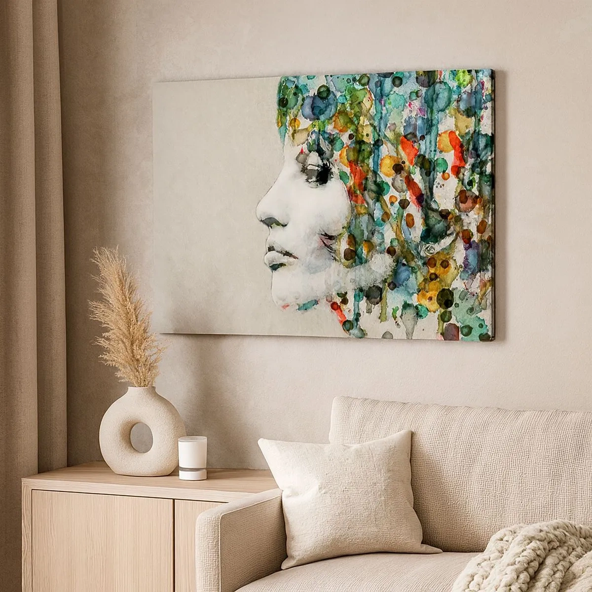 Quadro em tela - Perfil de uma mulher em cores aquarela com fundo abstrato - 70x50cm - Emergida das cinzas - Decoração de parede moderna para a sala de estar e quarto ARTTOR