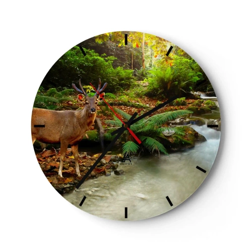 Relógio de parede - Relógio em vidro - Veados em uma paisagem florestal perto de um riacho - 30x30cm - Bem-vindo ao meu mundo - Decoração de parede moderna para a sala de estar, cozinha e quarto ARTTOR