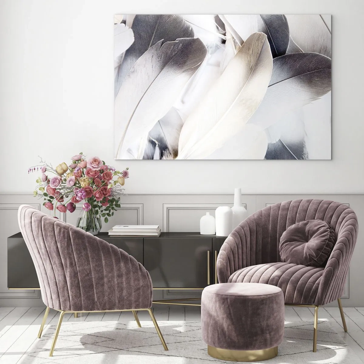 Quadro em vidro - Penas delicadas e leves em tons de branco e cinza - 70x50cm - Semi-angelical - Decoração de parede moderna para a sala de estar e quarto ARTTOR