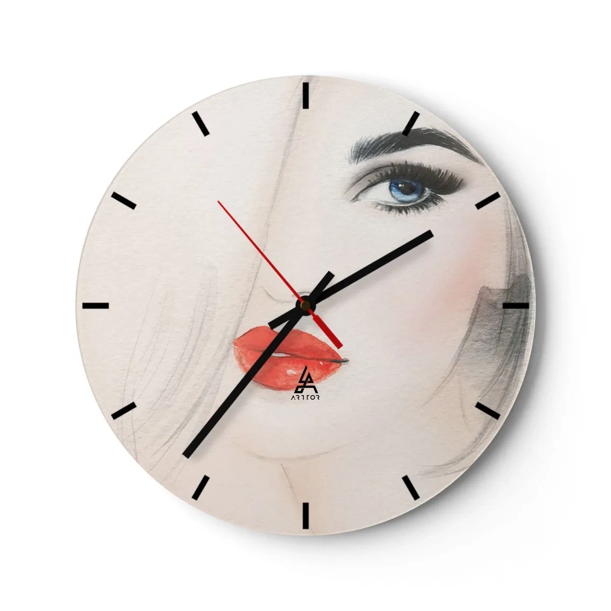 Relógio de parede - Relógio em vidro - Retrato artístico de uma mulher com lábios vermelhos e olhos azuis - 30x30cm - Hipnotiza e intoxica - Decoração de parede moderna para a sala de estar, cozinha e quarto ARTTOR