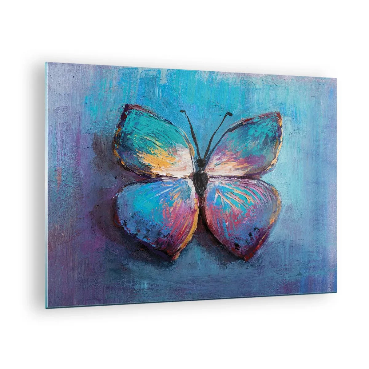 Quadro em vidro - Uma borboleta colorida sobre um fundo de cores abstratas em tons de azul e roxo. - 70x50cm - Em toda a sua glória - Decoração de parede moderna para a sala de estar e quarto ARTTOR