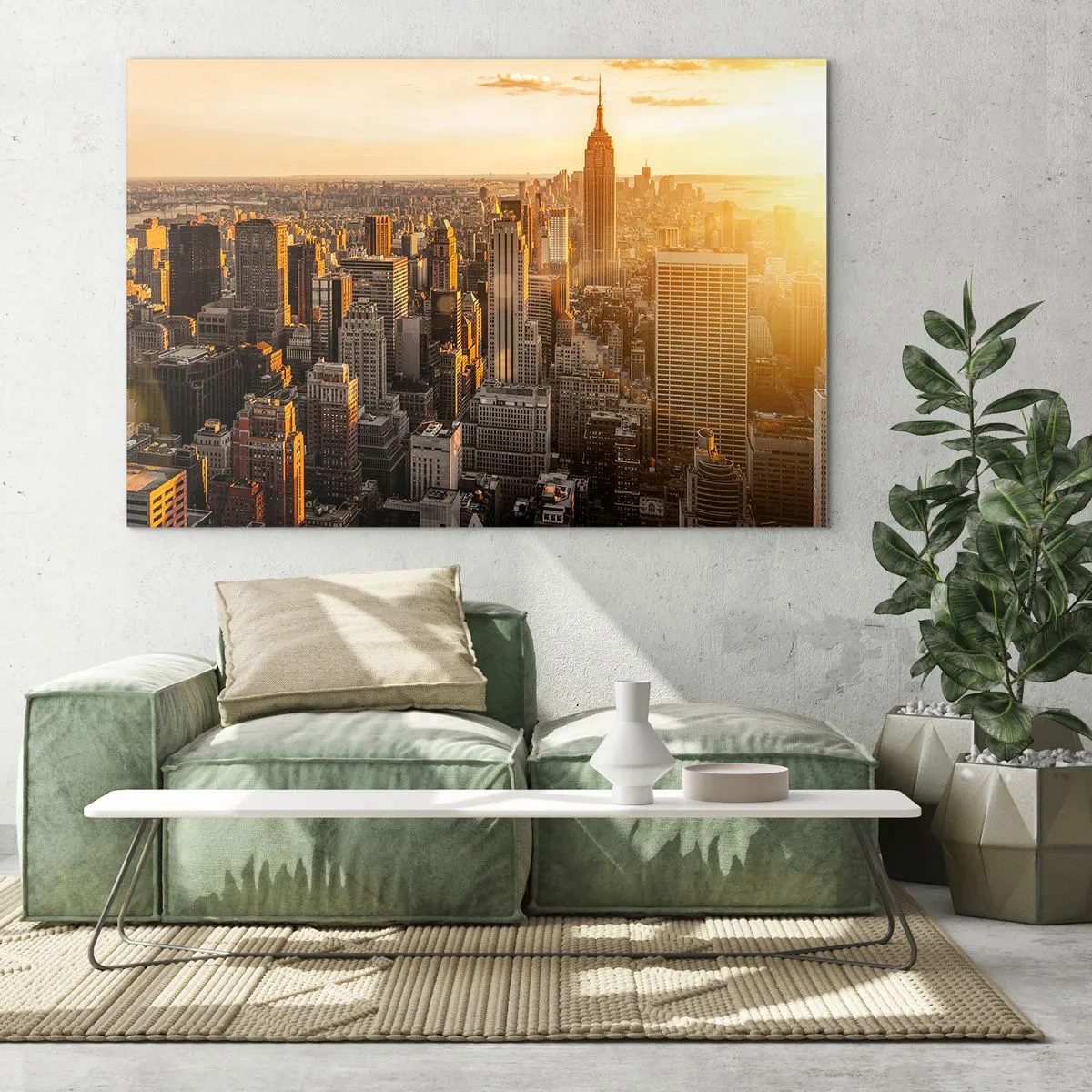 Quadro em vidro - Horizonte da cidade de Nova York ao pôr do sol - 70x50cm - Crescer ao sol - Decoração de parede moderna para a sala de estar e quarto ARTTOR