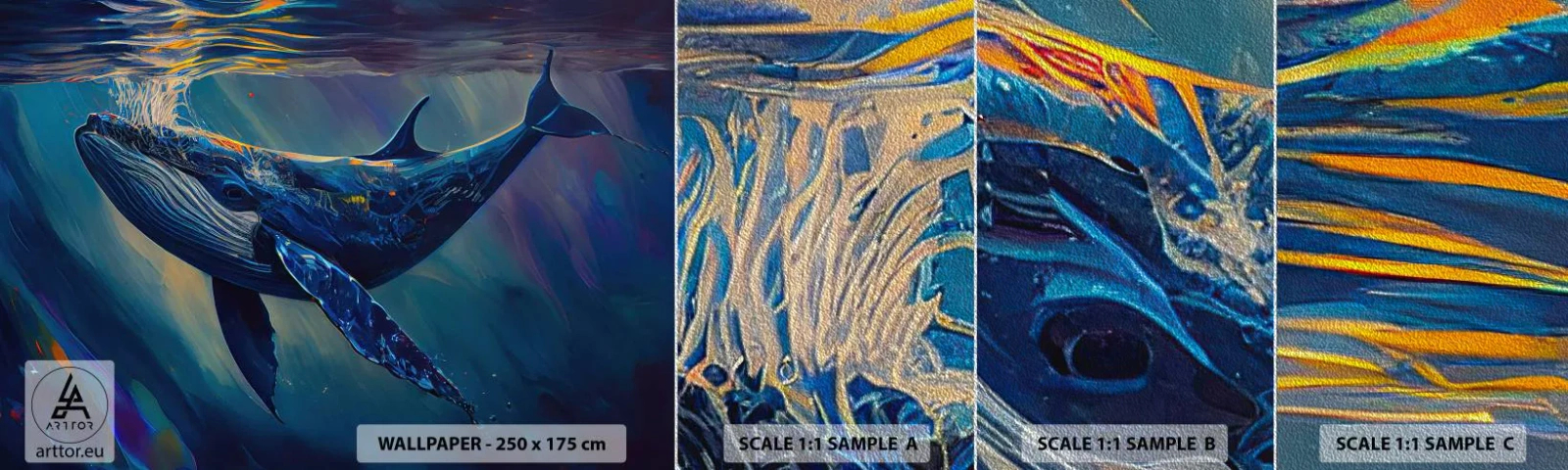 Amostra de papel de parede Premium Sand - Bem vindo ao meu mundo - Baleia, oceano, Embaixo da agua - 100x30 cm